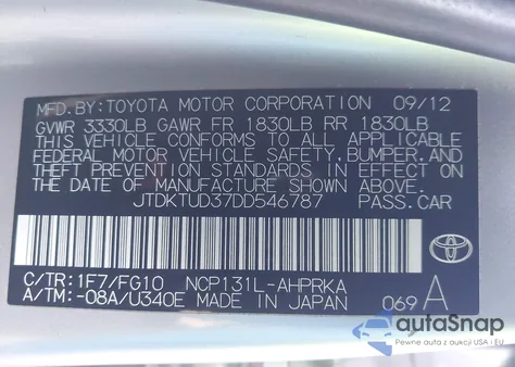 2013 Toyota Yaris Le z USA, uszkodzony, nr VIN JTDKTUD37DD546787